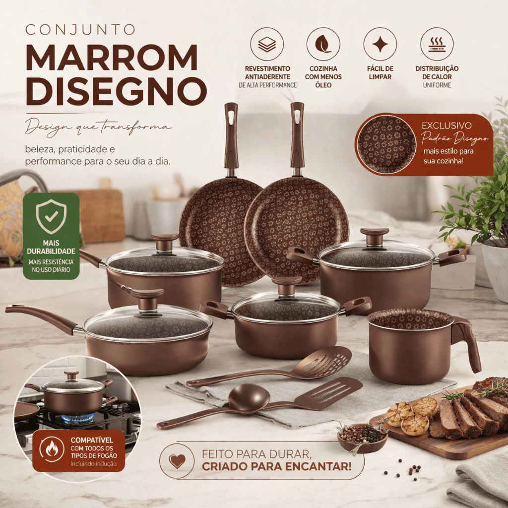 Jogo de 5 Panelas Marrom Disegno CERAMICA + I…